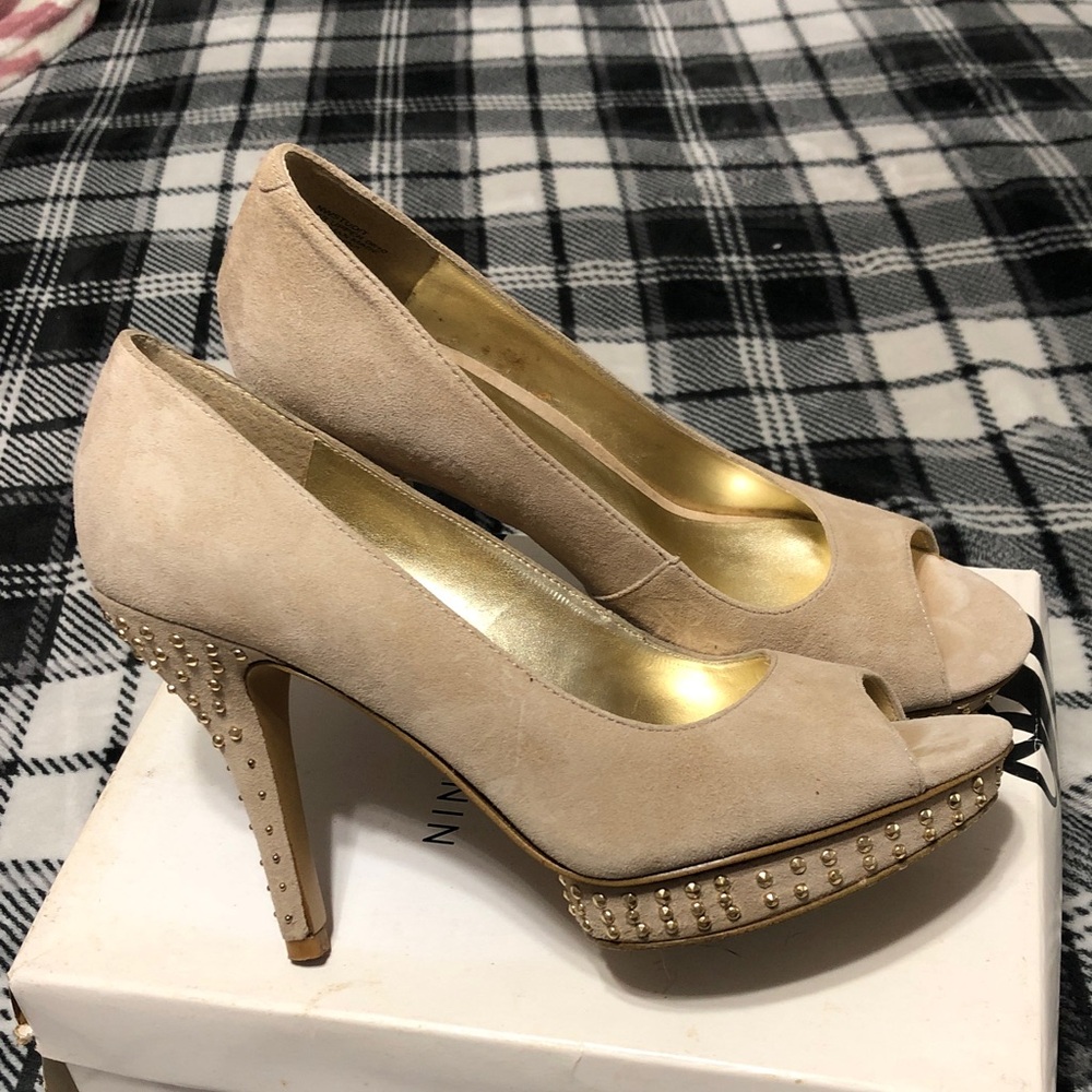 Nine West Blush Nude Suede Peep-Toe Heels with Studded Platform